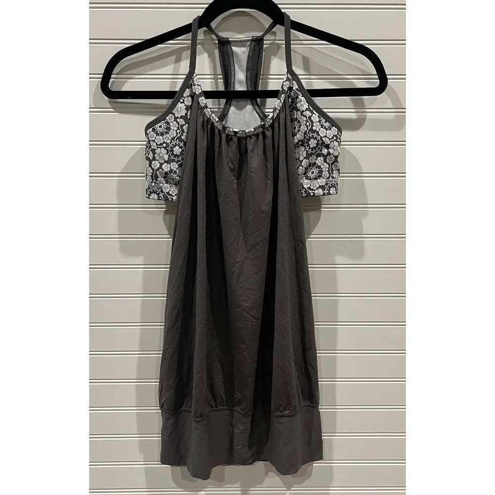 Lululemon No Limits Tank Top Grey Floral Built-in Bra Yoga Activewear Womens 8